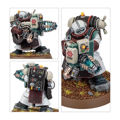 Armored sci-fi miniature in white and green, holding a glowing blue plasma gun