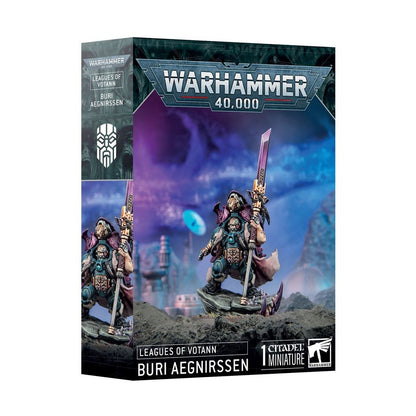 Warhammer 40,000 box for Buri Aegnirssen, a Leagues of Votann miniature. Armored character holding a glowing weapon
