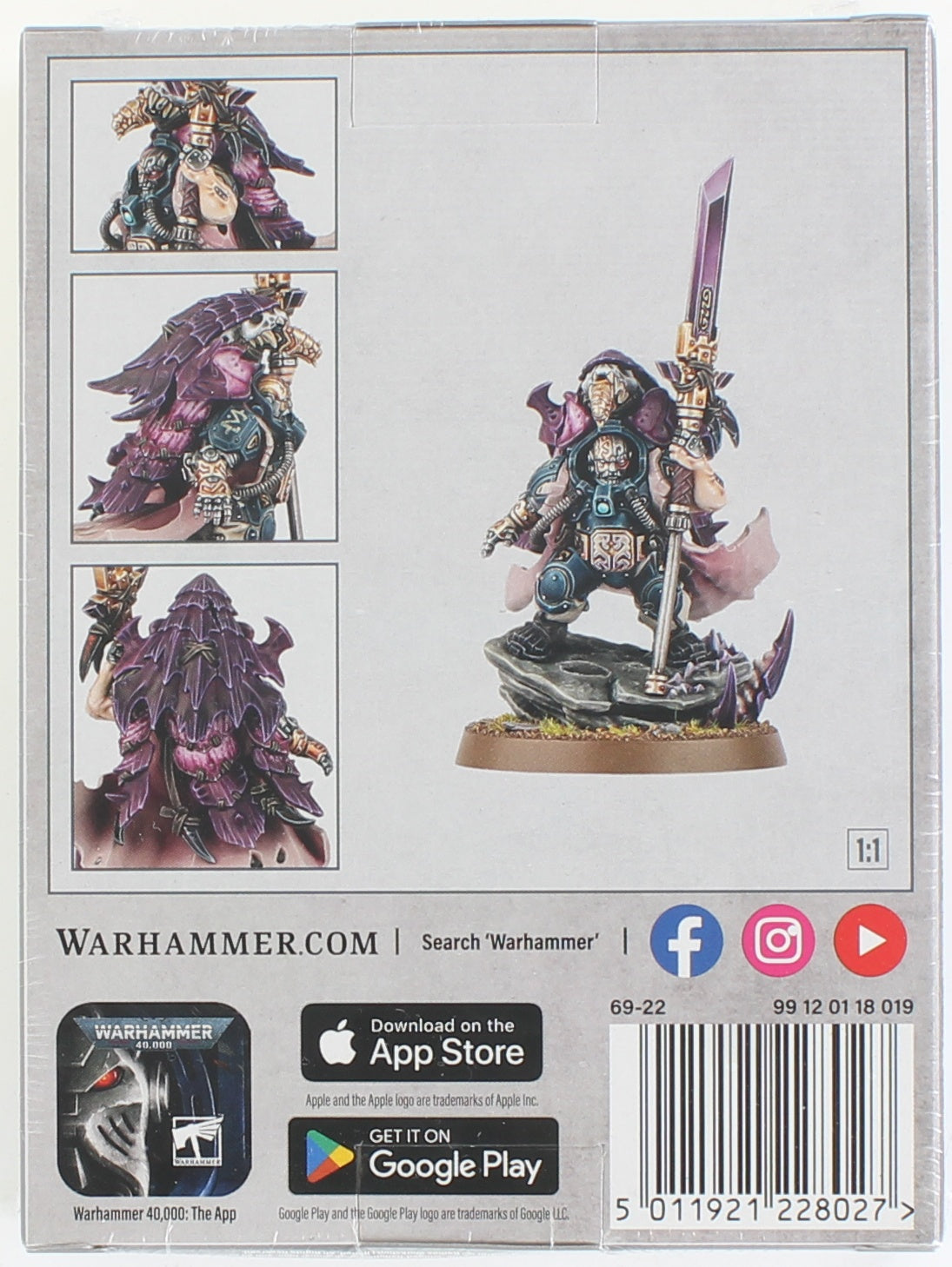 Painted Warhammer 40k miniature of Fabius Bile, an augmented figure holding a purple staff and wearing a layered purple cape