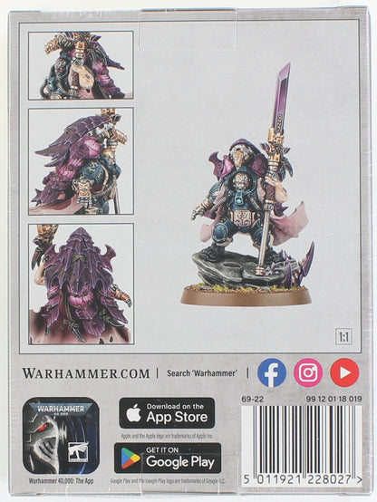 Painted Warhammer 40k miniature of Fabius Bile, an augmented figure holding a purple staff and wearing a layered purple cape
