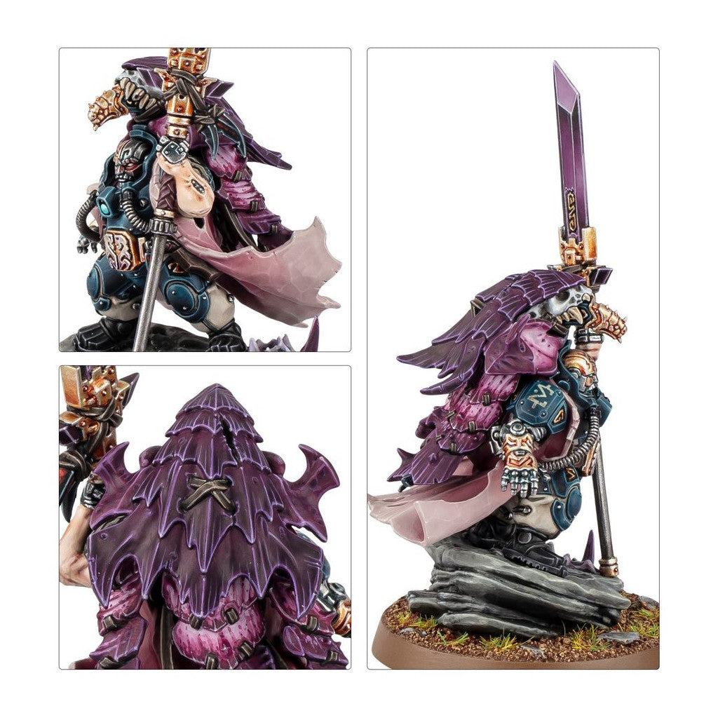 Miniature of a purple-armored warrior with a grotesque head, holding a long bladed staff, shown from various angles