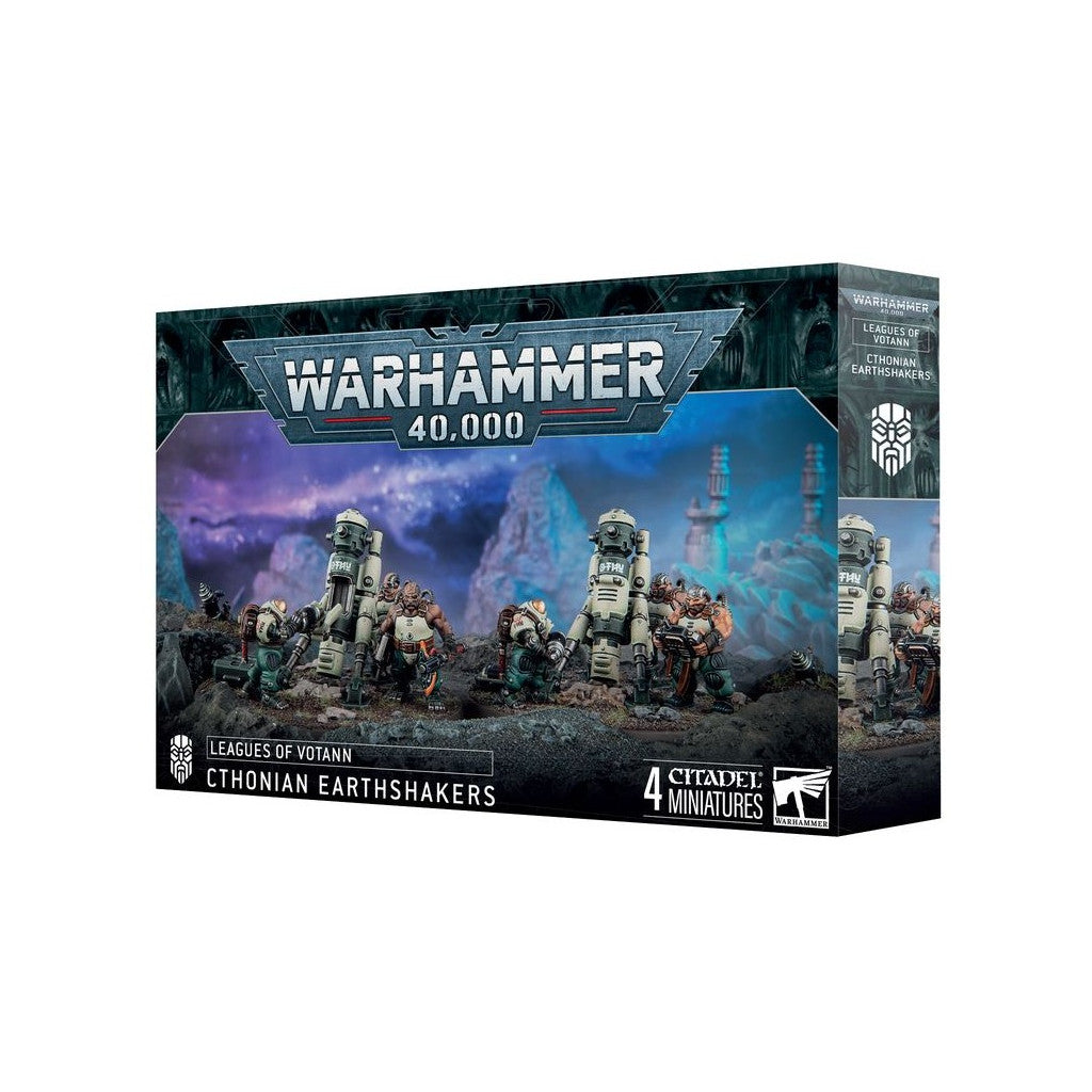 Warhammer 40,000 Leagues of Votann Cthonian Earthshakers box showing 4 mining machine and crew miniatures on rocky terrain