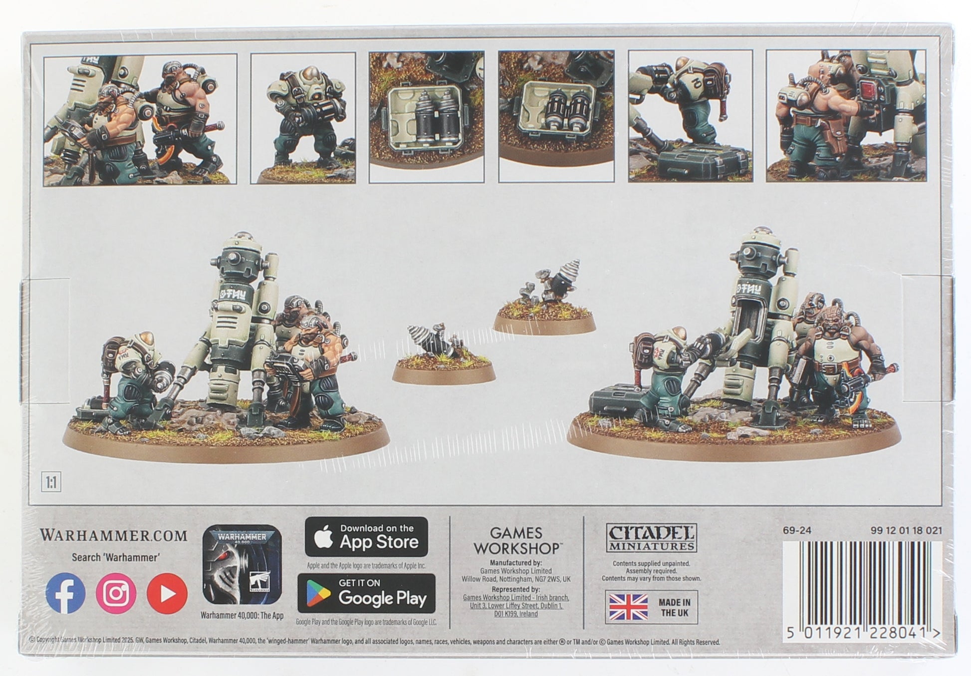 Warhammer 40,000 box shows painted sci-fi miniatures: large weapon platforms, armored soldiers, and gear