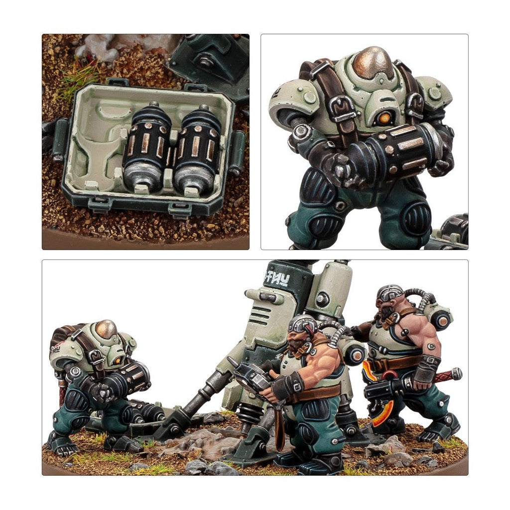 Tabletop sci-fi miniatures: Armored robot and two muscular men preparing a large mortar, with a grenade case