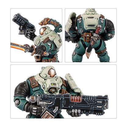 Three views of a green & beige armored sci-fi figure, wielding a pistol, energy sword, and rifle
