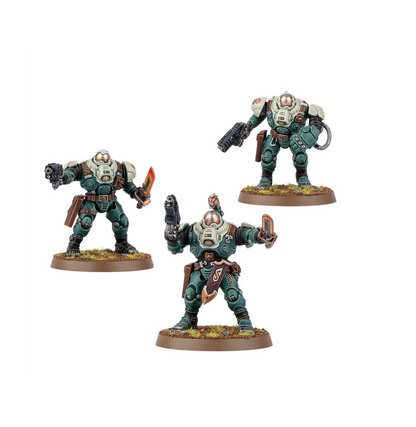 Three miniature sci-fi warriors in teal and white heavy armor, armed with pistols, a knife, and a handheld device, on bases