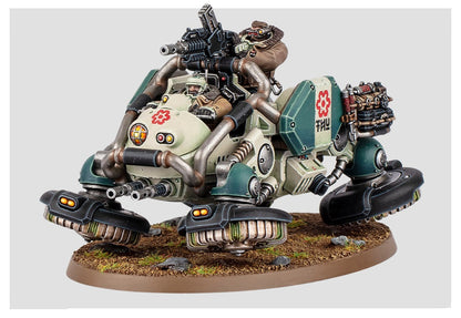 A cream and green sci-fi miniature battle walker with two crew, top-mounted cannon, front guns, and hover pads