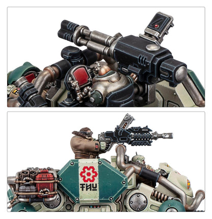 Close-up of a miniature armored vehicle with crew. One soldier aims a rifle, another operates a large turret weapon