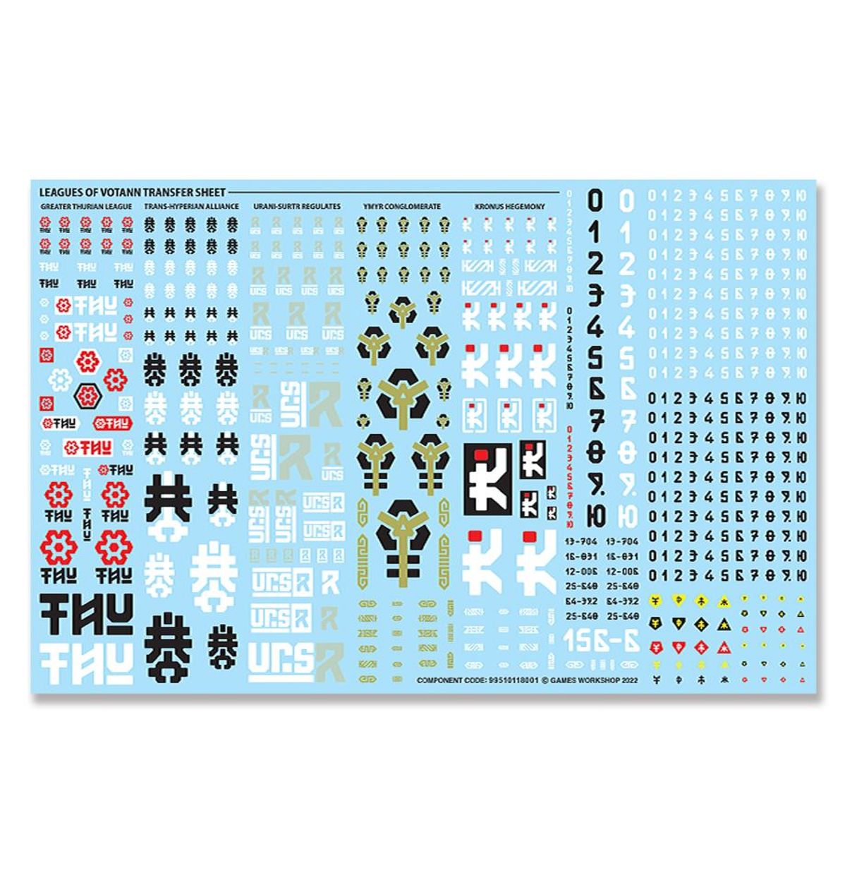 A light blue Leagues of Votann transfer sheet featuring various small faction symbols, numbers, and iconography