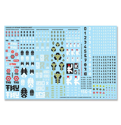 A light blue Leagues of Votann transfer sheet featuring various small faction symbols, numbers, and iconography