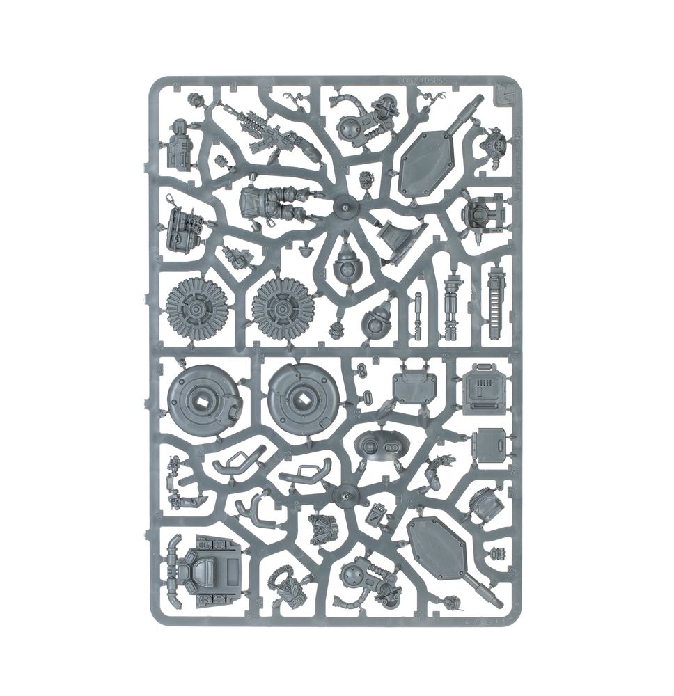 Gray plastic sprue of unpainted miniature wargaming parts, including weapons, armor, and mechanical bits