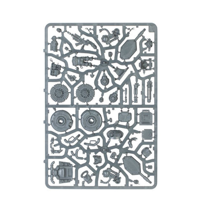 Gray plastic sprue of unpainted miniature wargaming parts, including weapons, armor, and mechanical bits