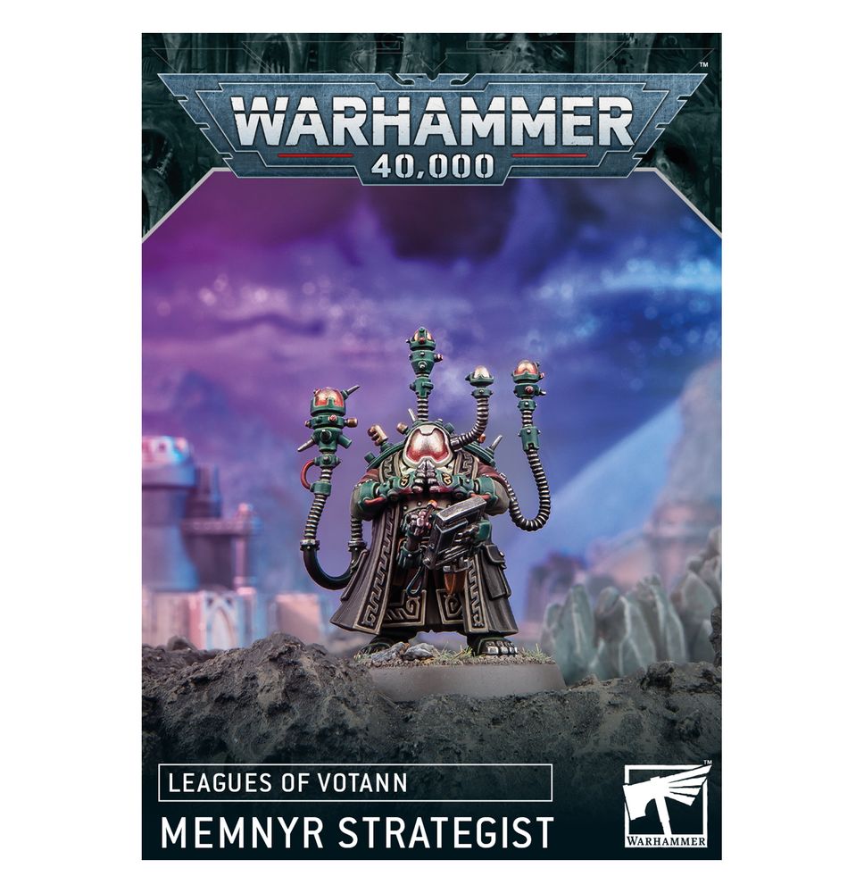 Warhammer 40k Leagues of Votann Memnyr Strategist miniature, a bulky cyborg with multiple antennae, holding a book
