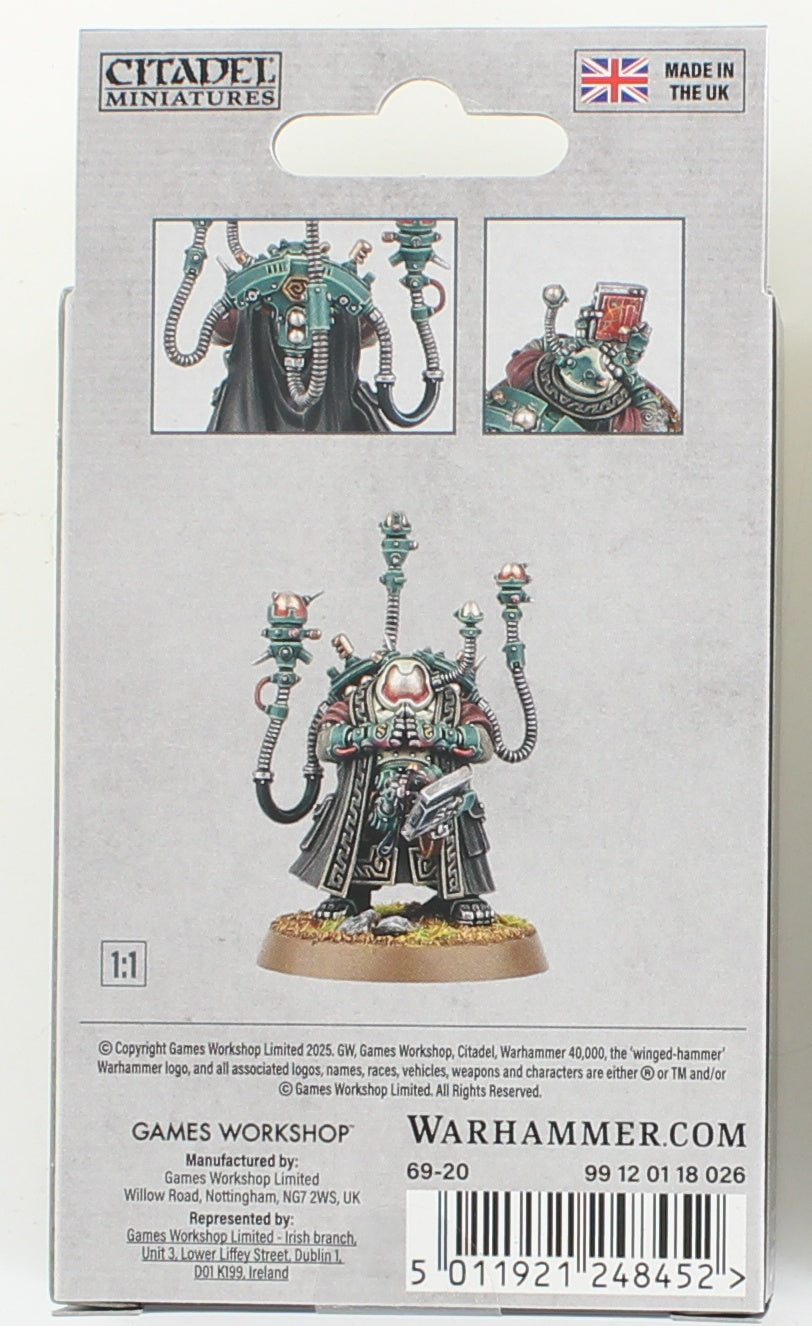Packaging shows Painted Warhammer 40K Adeptus Mechanicus Tech-Priest miniature. It wears green armor, black robes, has multiple cybernetic arms