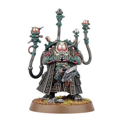 A painted wargame miniature of a bulky, green-armored figure in a robe, with multiple bronze antennae, holding a small device
