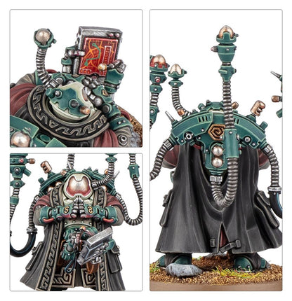 Detailed miniature of a green armored, robed robotic figure with a masked face, holding a data-slate showing red patterns
