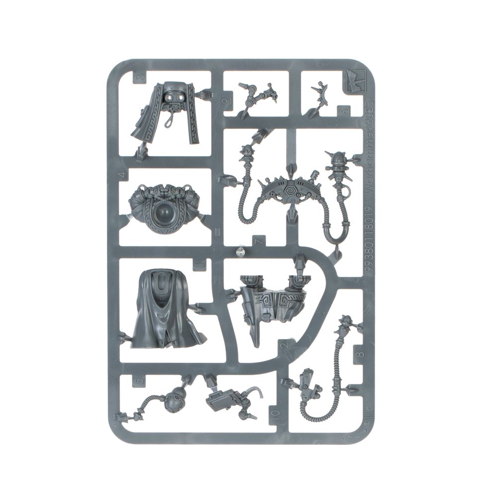 Grey Warhammer miniature parts sprue with a hooded torso and bionic attachments