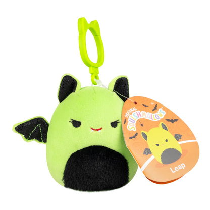 Squishmallows Halloween Leap the neon green bat plush clip with black wings, fuzzy belly, and hang tag