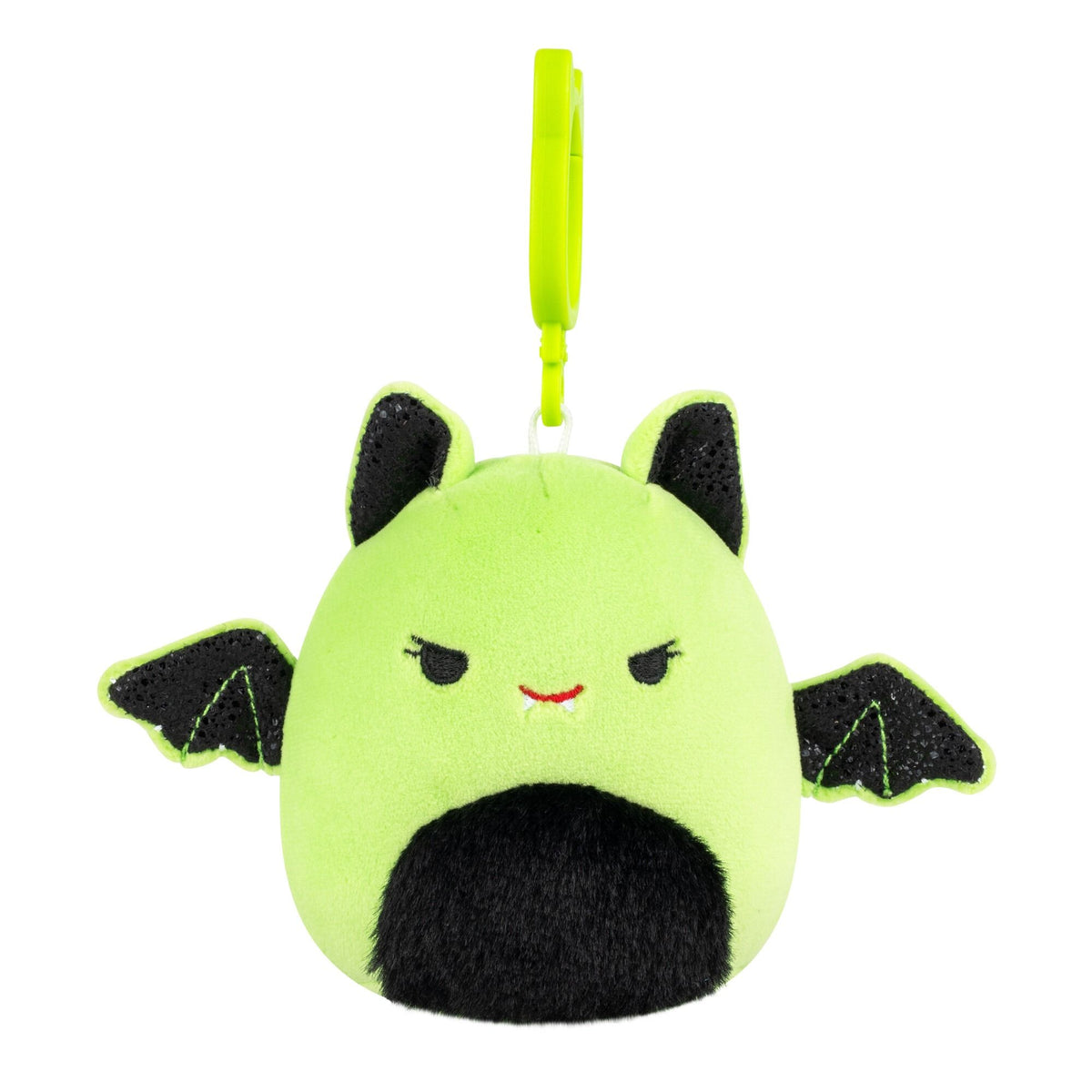 Squishmallows Halloween Leap the neon green bat plush clip with black wings and fuzzy belly