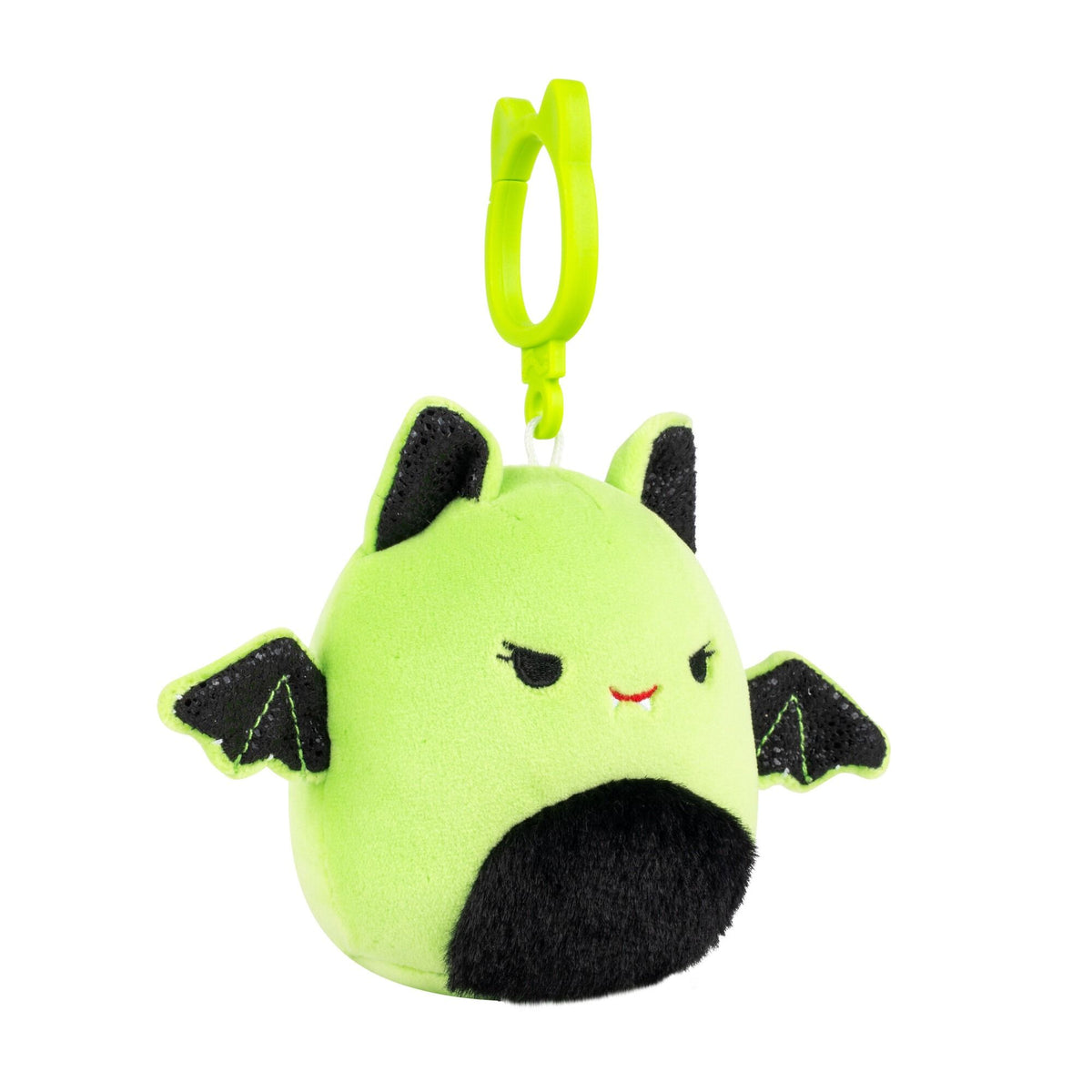 Side view of Squishmallows Halloween Leap the neon green bat plush clip with black wings and fuzzy belly