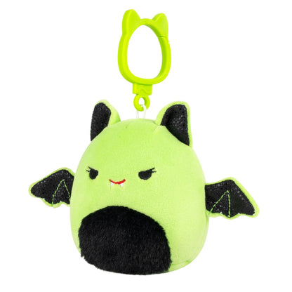 Side view of Squishmallows Halloween Leap the neon green bat plush clip with black wings and fuzzy belly