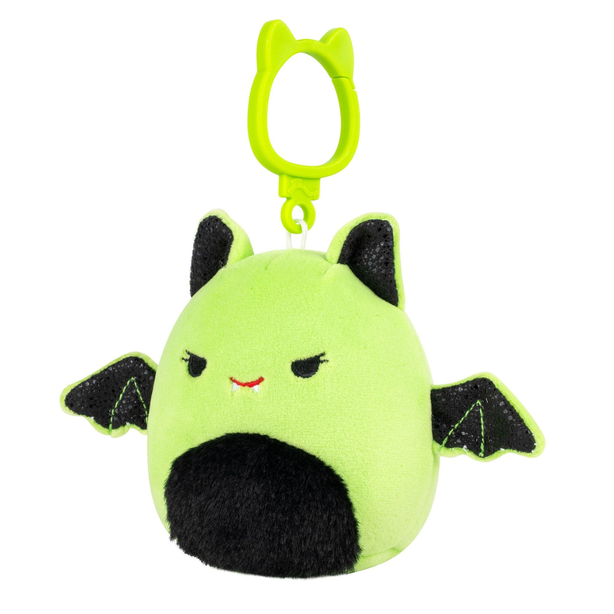 Side view of Squishmallows Halloween Leap the neon green bat plush clip with black wings and fuzzy belly
