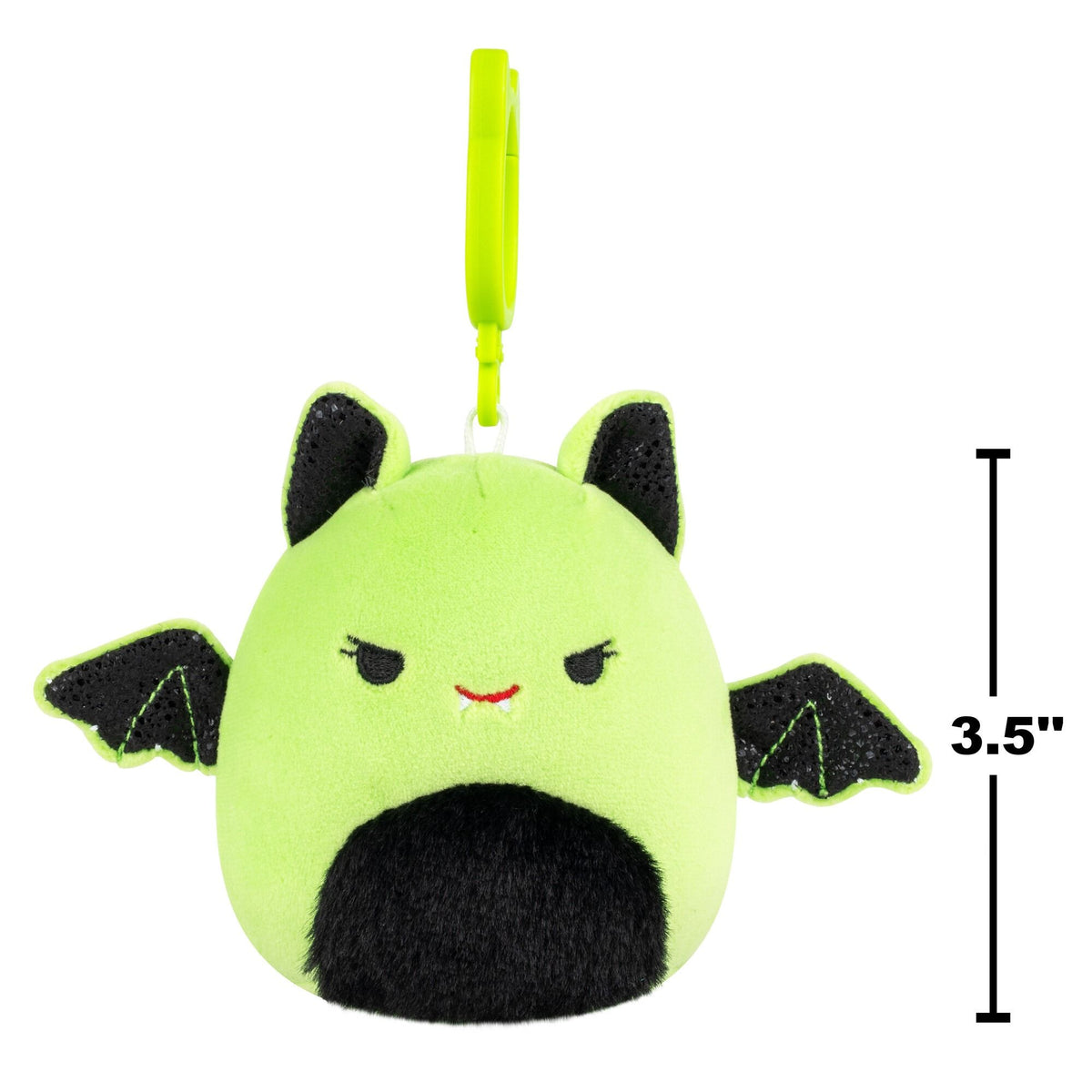 Squishmallows Halloween Leap the neon green bat plush clip with black wings and fuzzy belly with showing dimension