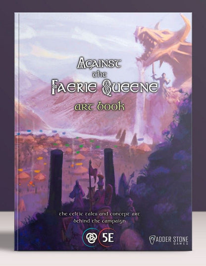 Cover for "Against the Faerie Queene Art Book": A warrior faces a dragon and waterfall above a magical village
