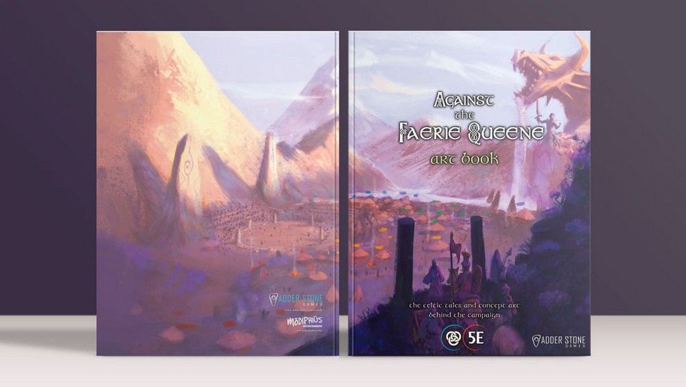 Front and back covers of "Against the Faerie Queene art book" display a fantasy landscape with mountains, a dragon statue, & a hero