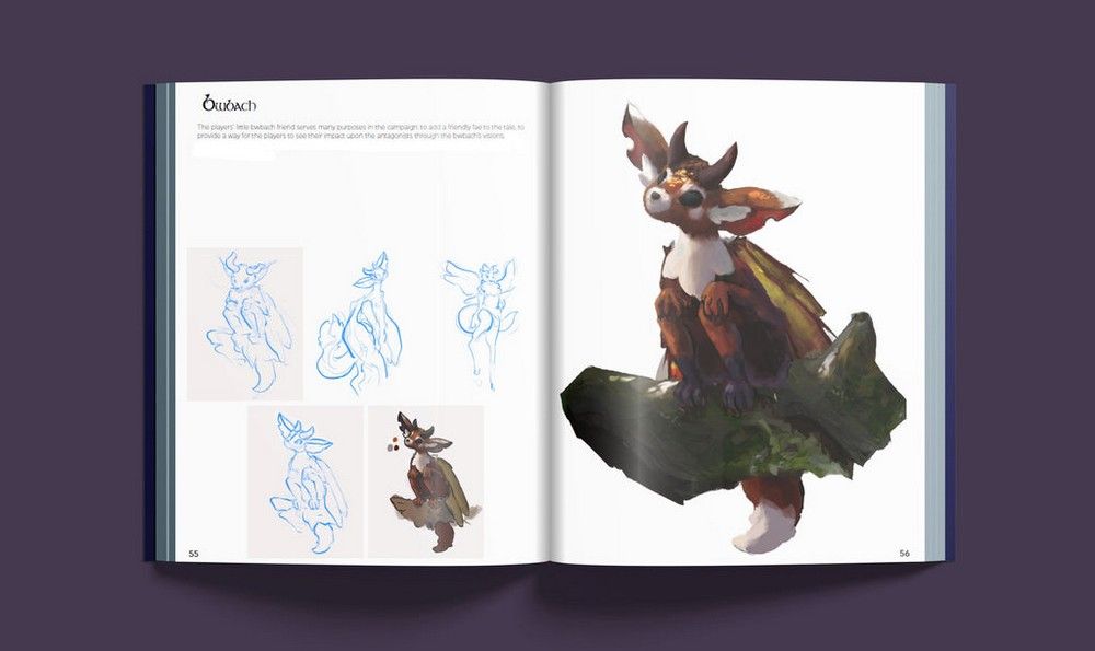 Open art book showing concept art for a horned, winged fox-like creature, left page has sketches, right page has a full illustration 