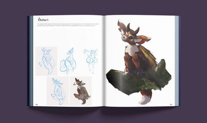 Open art book showing concept art for a horned, winged fox-like creature, left page has sketches, right page has a full illustration 