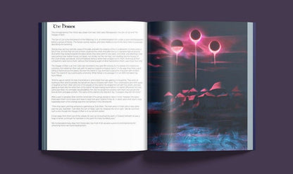 Open book, Left page displays 'The Horror' text and Right page shows a dark fantasy scene with three glowing pink eclipses over red huts and blue water