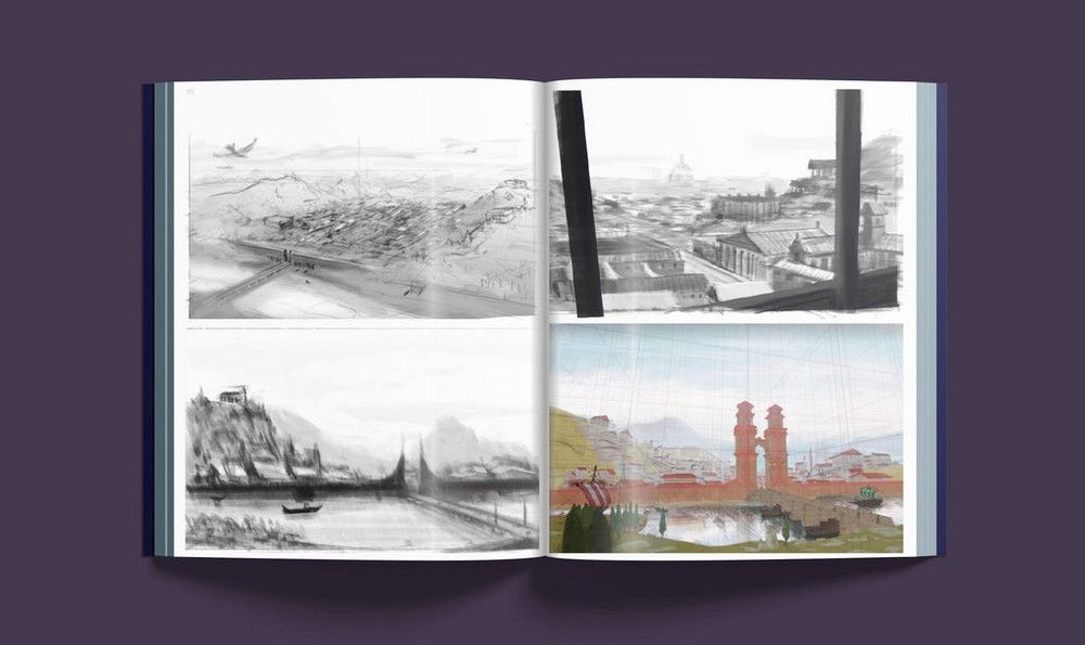 Open book with four concept art sketches: grayscale cities and landscapes, one colorful scene with red towers