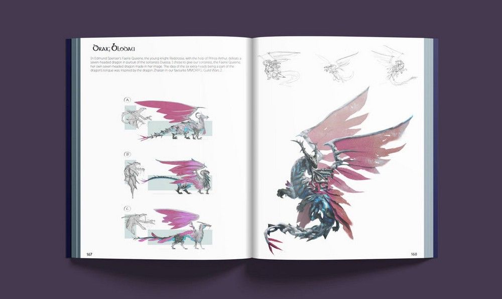 Open art book page with fantasy dragon concept art, a large detailed dragon with pink wings dominates the right page, smaller sketches on the left