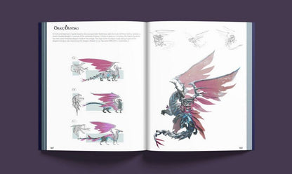 Open art book page with fantasy dragon concept art, a large detailed dragon with pink wings dominates the right page, smaller sketches on the left