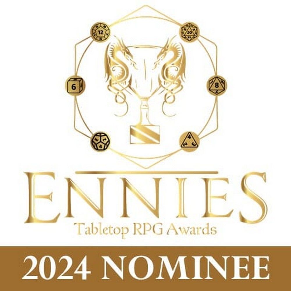 Gold ENNIES Tabletop RPG Awards logo with dragon trophy and RPG dice, announcing "2024 NOMINEE" on a brown banner