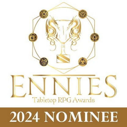 Gold ENNIES Tabletop RPG Awards logo with dragon trophy and RPG dice, announcing "2024 NOMINEE" on a brown banner