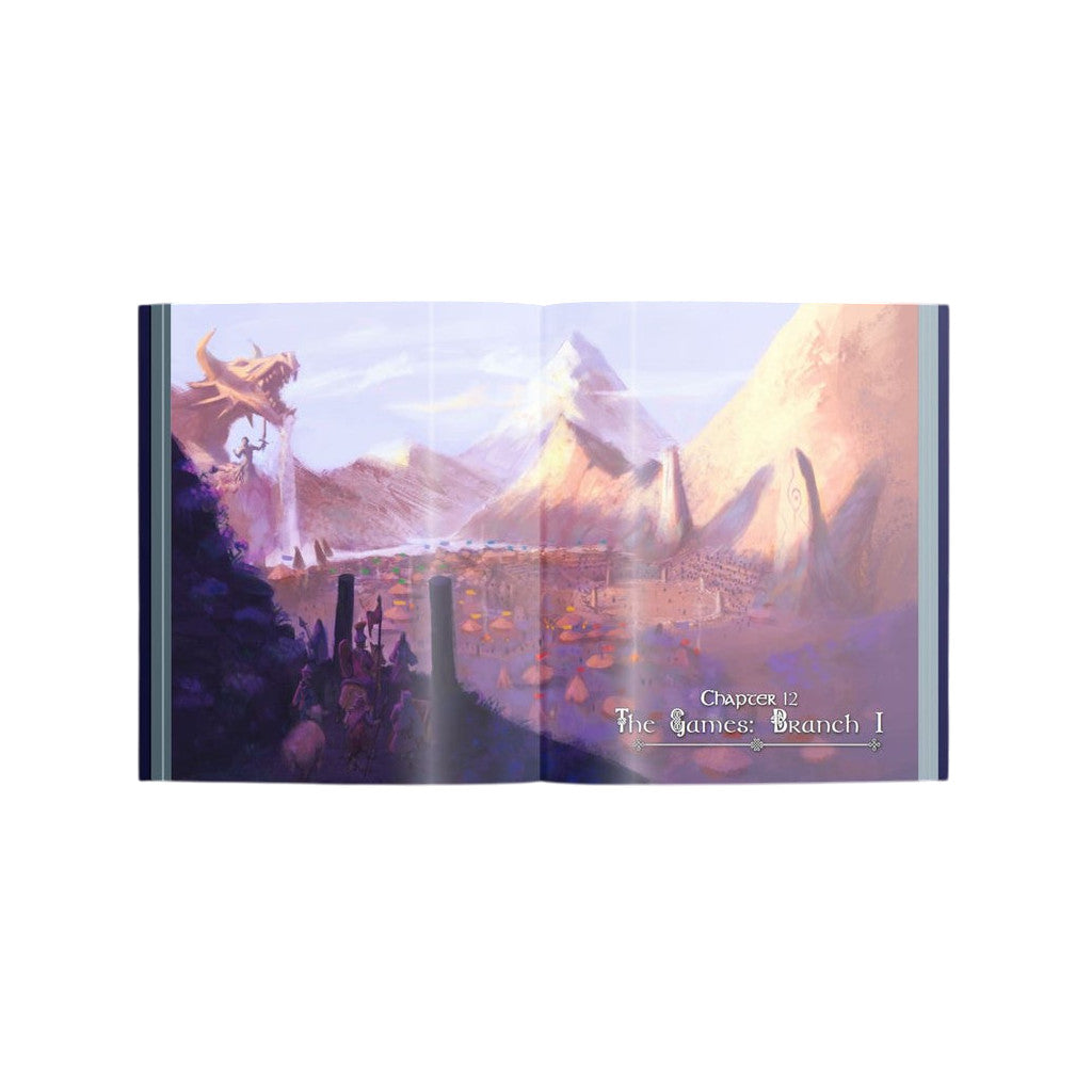 Open book with fantasy art: a dragon head waterfall above a town in a mountainous landscape