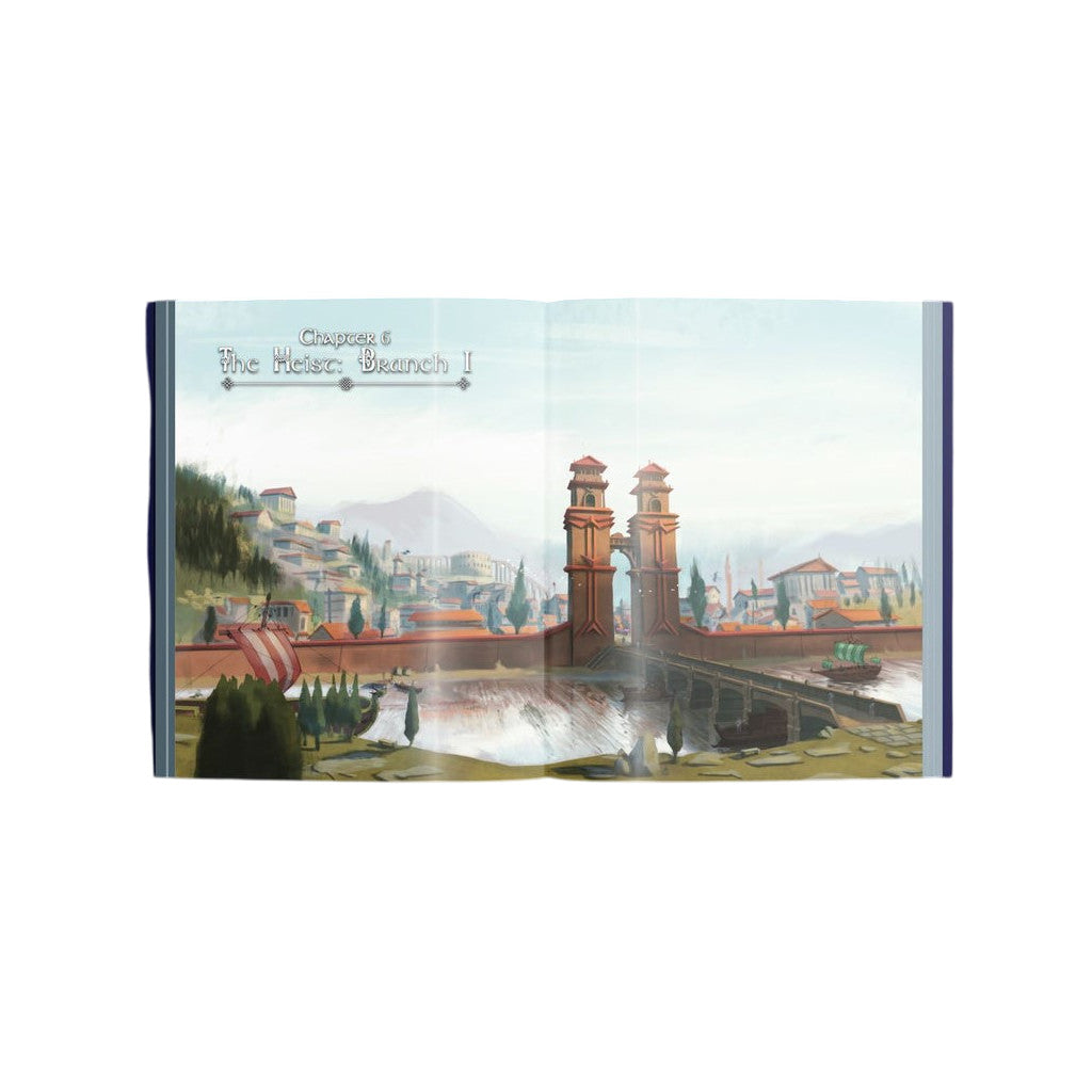 An open book displays a fantasy city illustration: a river with a large bridge, twin gate towers, boats, and hillsides