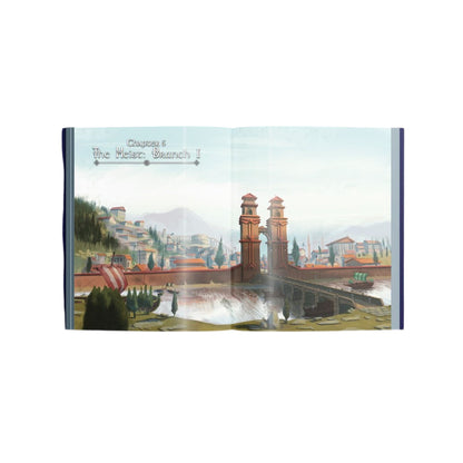 An open book displays a fantasy city illustration: a river with a large bridge, twin gate towers, boats, and hillsides