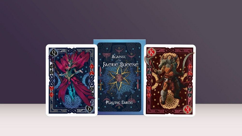 Fantasy playing cards: a winged queen and warrior king flank a card box titled "Against the Faerie Queene Playing Cards"