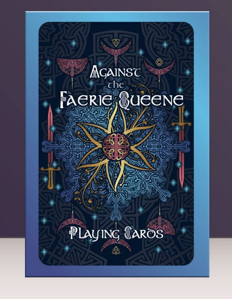 Box for "Against the Faerie Queene Playing Cards" with intricate blue Celtic designs, golden sun, and red swords