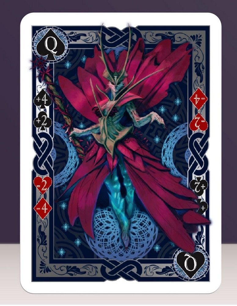 Ornate Queen playing card: A fantastical green-blue creature with large magenta wings holds a staff, surrounded by suit symbols