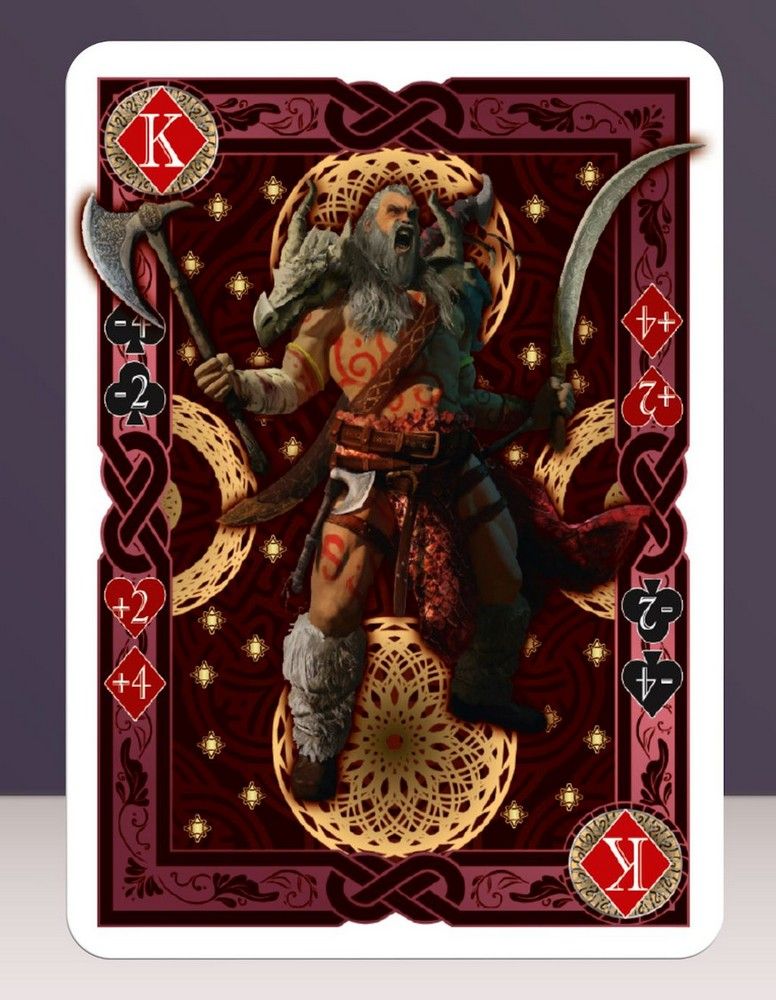 Fantasy King card: A roaring barbarian warrior with an axe and curved sword, on an ornate red and gold background
