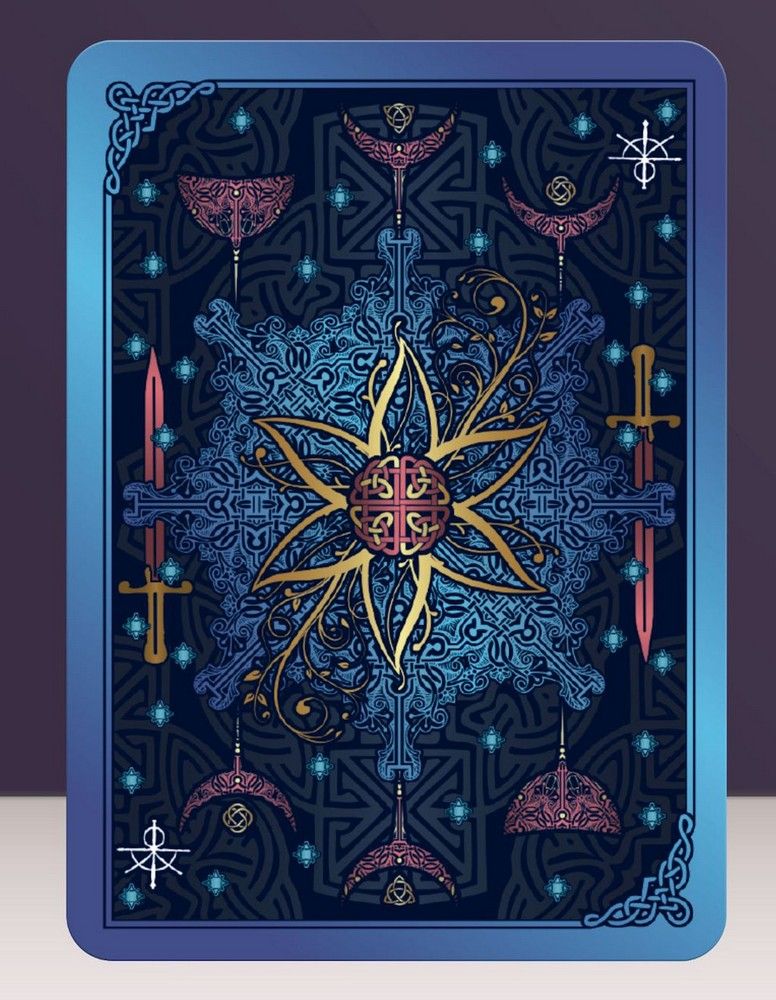 Intricate blue card back with a golden floral star at its center, flanked by red swords and crescent moons