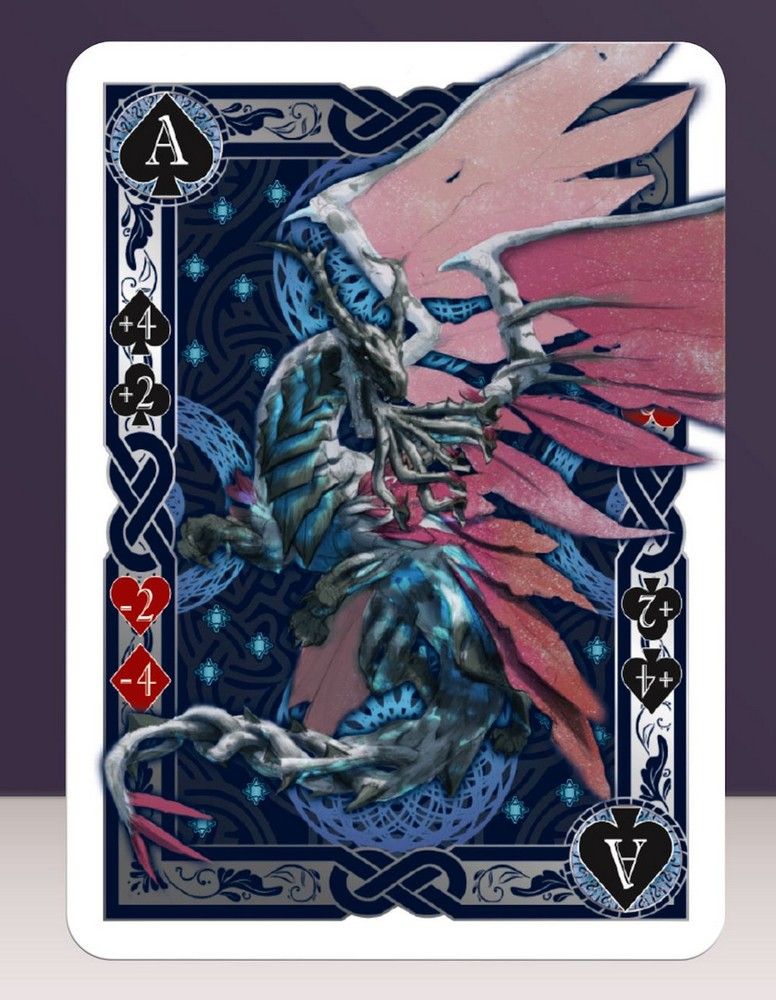 Ace of Spades card features an ornate blue armored dragon with prominent pink wings, coiled amidst intricate dark blue patterns