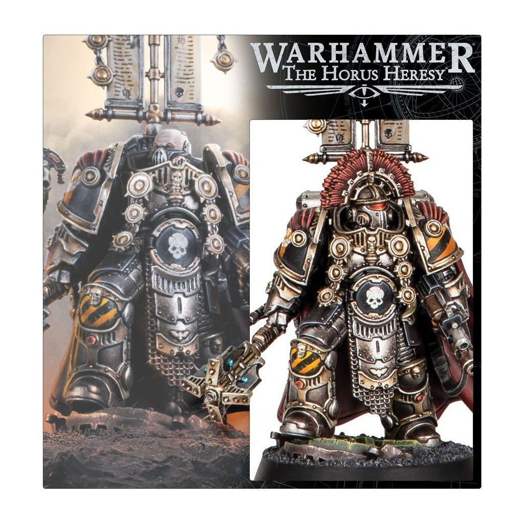 Warhammer The Horus Heresy Space Marine miniature, shown unpainted and fully painted, features dark armor, gold trim, red plumes, skull emblem, and hazard stripes