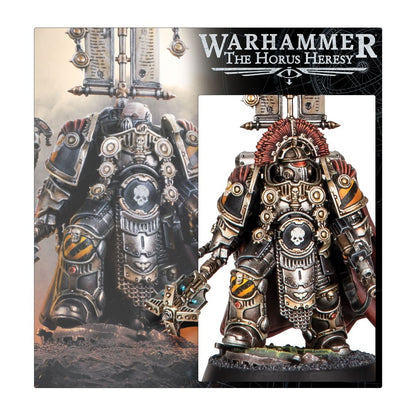 Warhammer The Horus Heresy Space Marine miniature, shown unpainted and fully painted, features dark armor, gold trim, red plumes, skull emblem, and hazard stripes