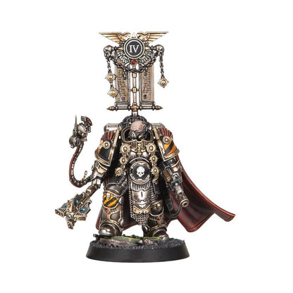 Warhammer 40,000 miniature: Dark armored warrior with gold trim, red cape, prominent banner with "IV" & wings, skull emblem, hazard stripes, and a mace weapon