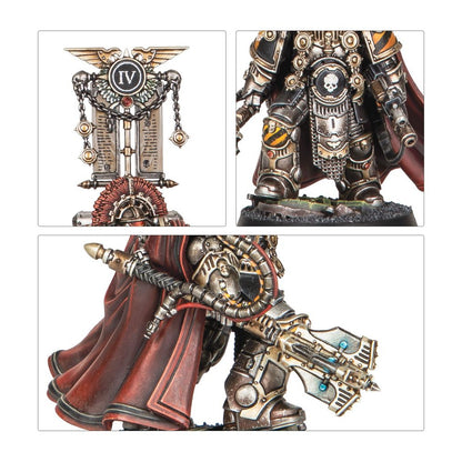 Heavily armored sci-fi miniature figure with a red cape, black and gold armor, skull emblem, 'IV' banner, hazard stripes, and ornate weapon